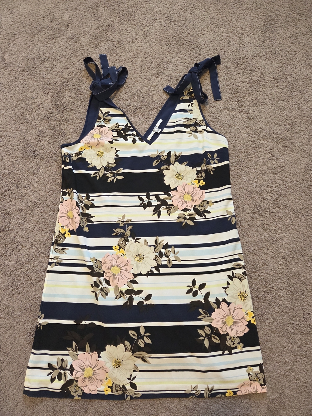 GUESS Navy Blue White Floral Striped Sleeveless Summer Dress Tie Straps Large